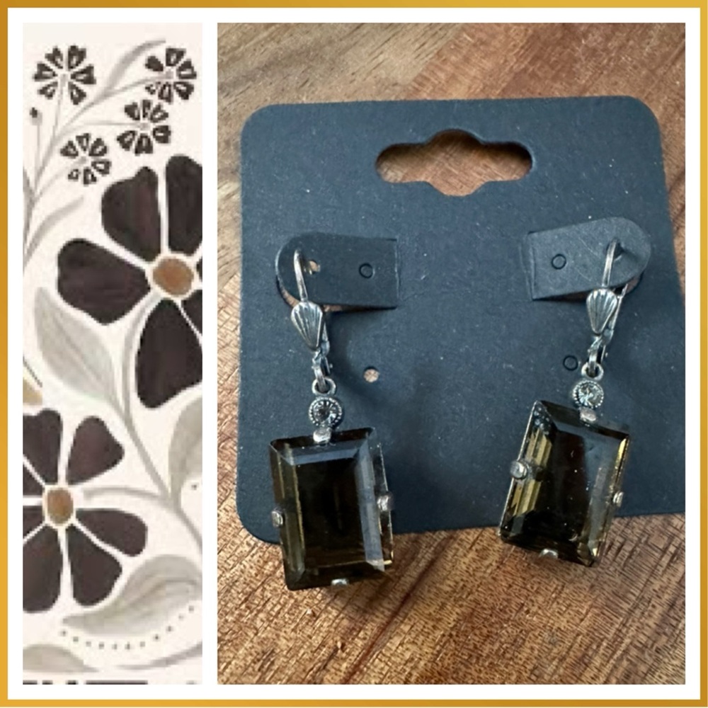 Root Beer Brown and clear stone Lever Back Earrings - pewter tone